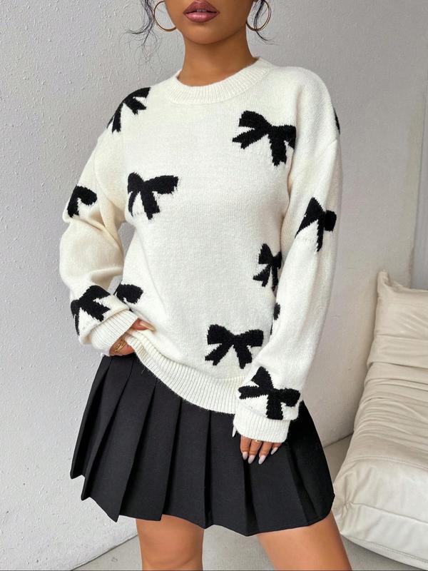 Women's Bow Print Drop Shoulder Sweater, Casual Comfortable Chic Cozy Long Sleeve Round Neck Jumper for Fall & Winter, Sweater for Women, Fashion Ladies' Knitwear for Daily Wear, Preppy 80s Clothes